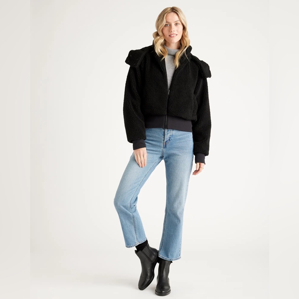 Quince Hooded Sherpa Teddy Cropped Jacket XS Black